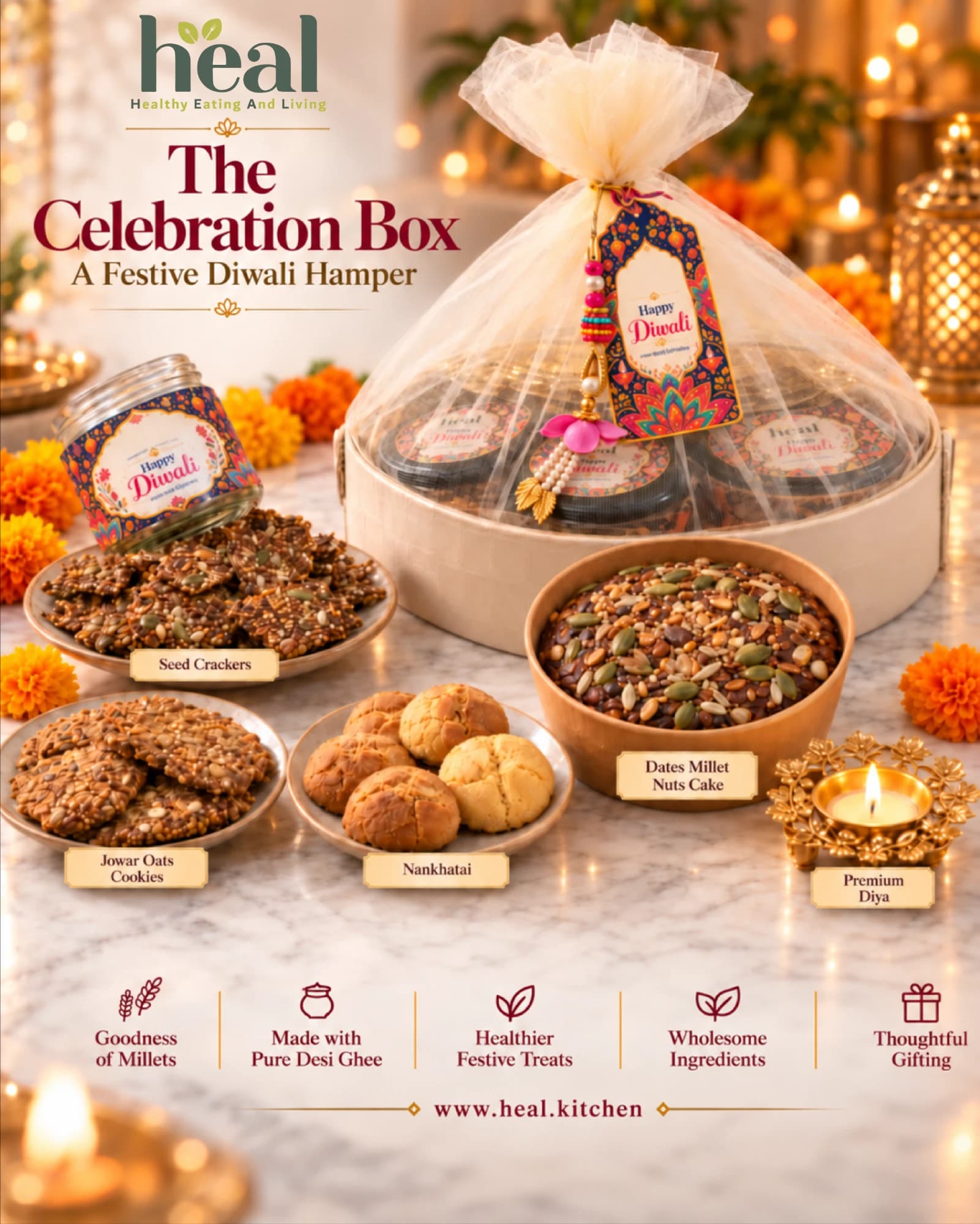Celebration Box: Seed Crackers, Jowar Oats Cookies, Nankhatai, Dates, Millet & Nuts Cake, Premium Diya