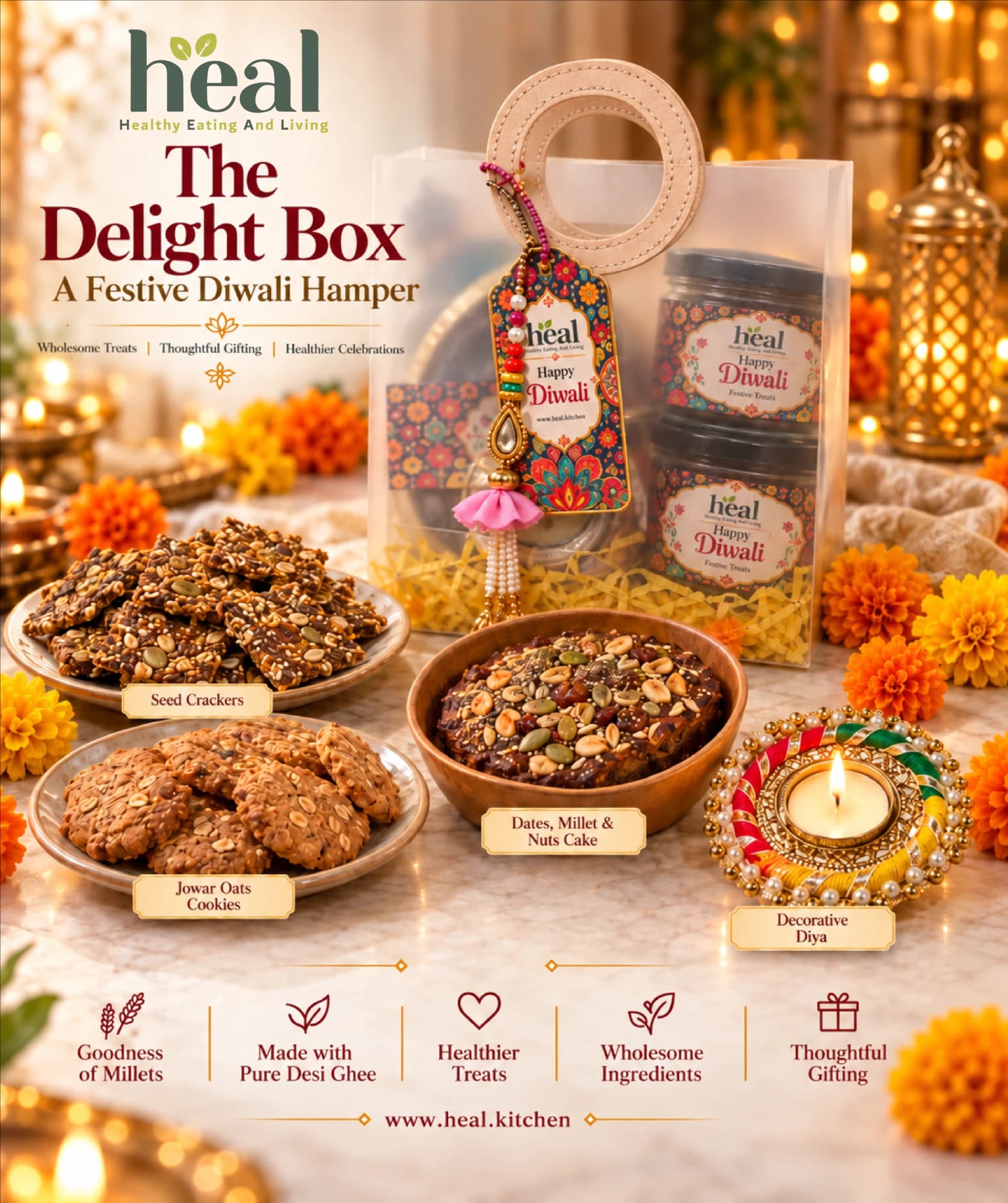 Delight Box: Jowar Oats Cookies, Seed Crackers, Dates, Millet & Nuts Cake, Decorative Diya