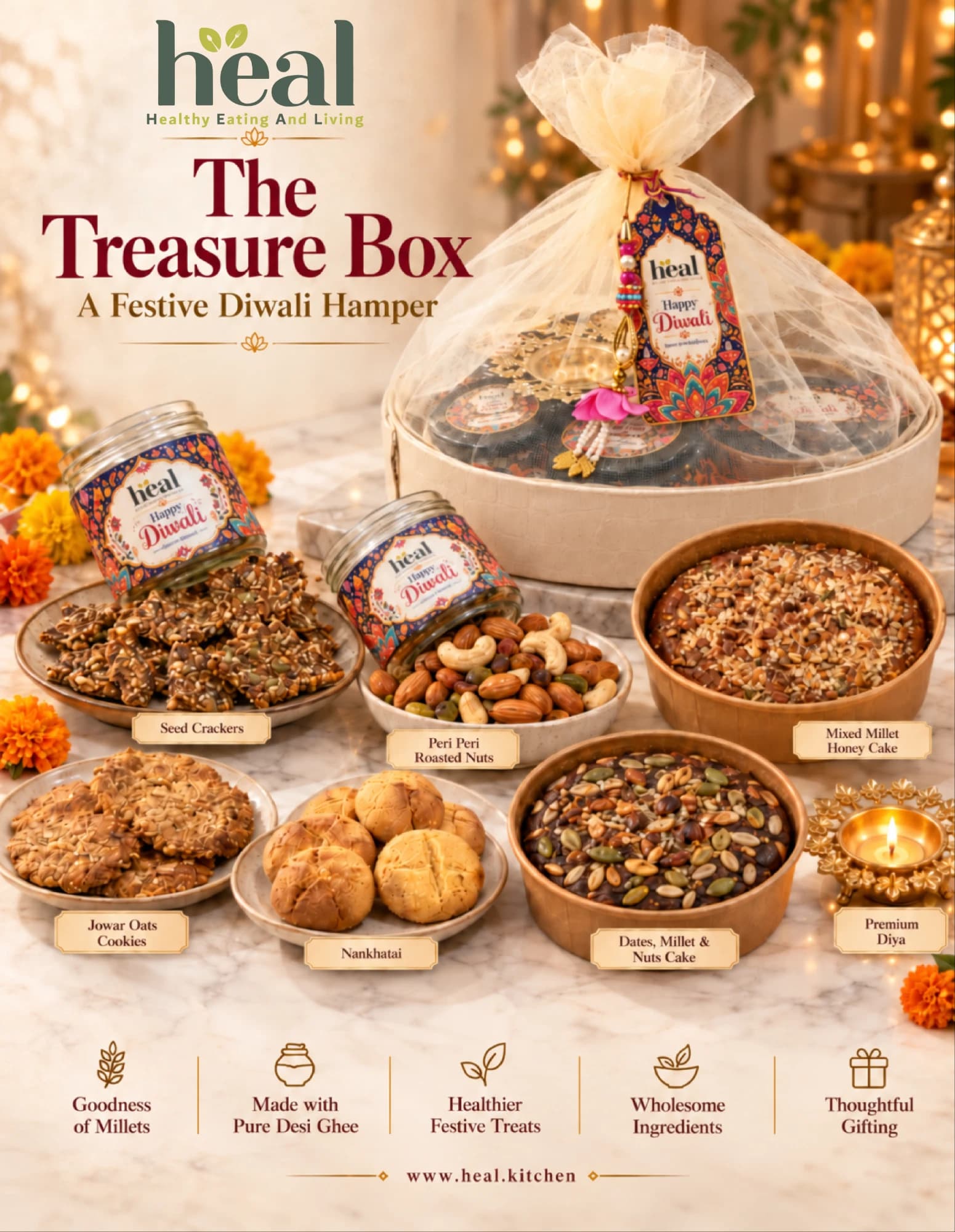 Treasure Box: Seed Crackers, Peri Peri Roasted Nuts, Jowar Oats Cookies, Nankhatai, Mixed Millet Honey Cake, Dates, Millet & Nuts Cake, Premium Diya